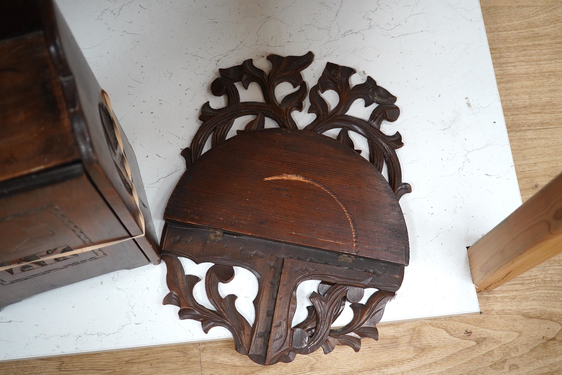 A 19th century oak medicine box and folding shelf unit, medicine box 42cm high. Condition - both need re polishing